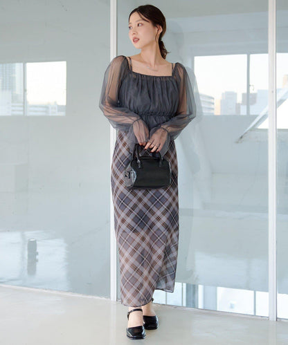 荷葉邊薄紗拼接繫帶連衣裙套裝