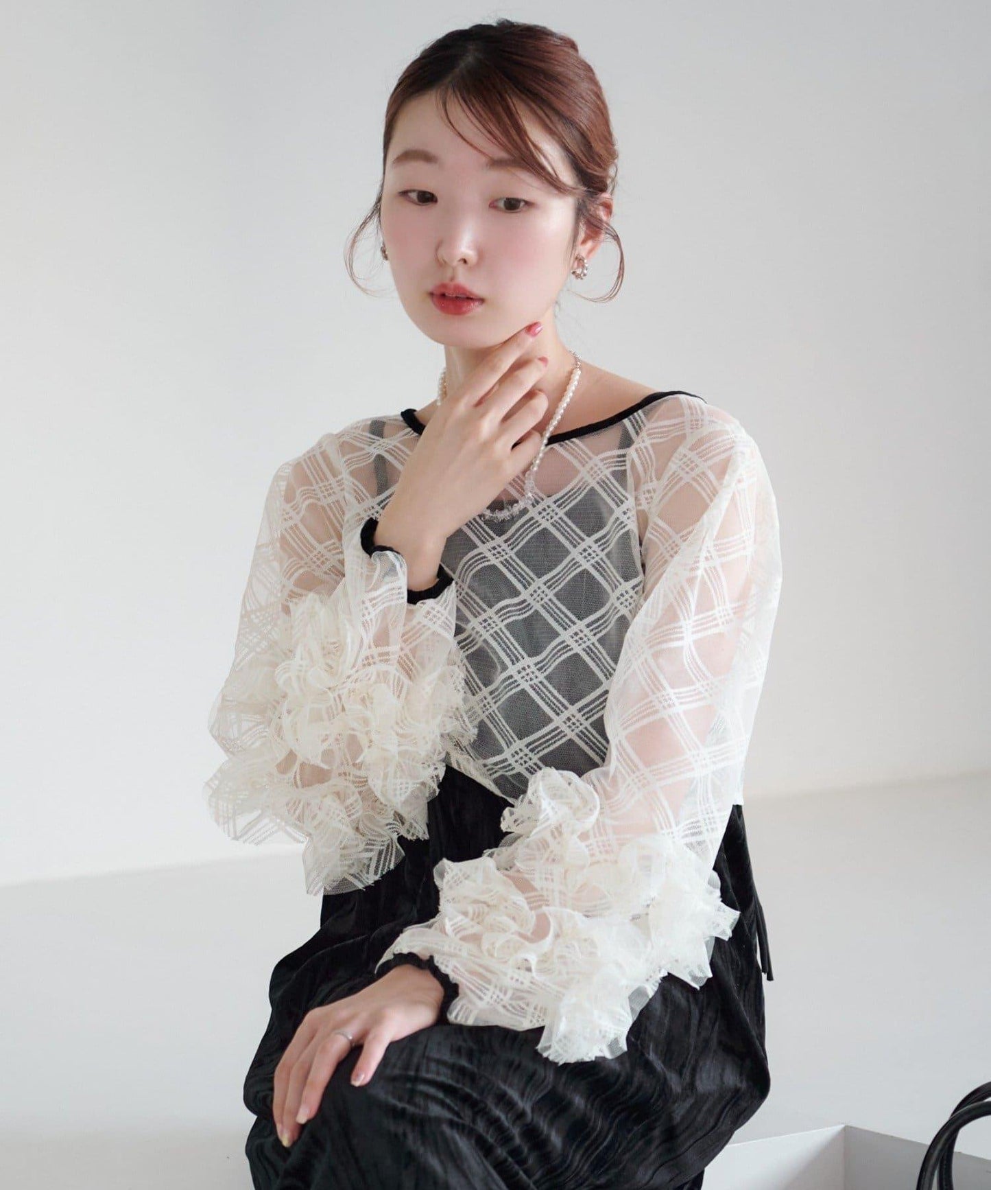 透視格紋×天鵝絨連衣裙套裝