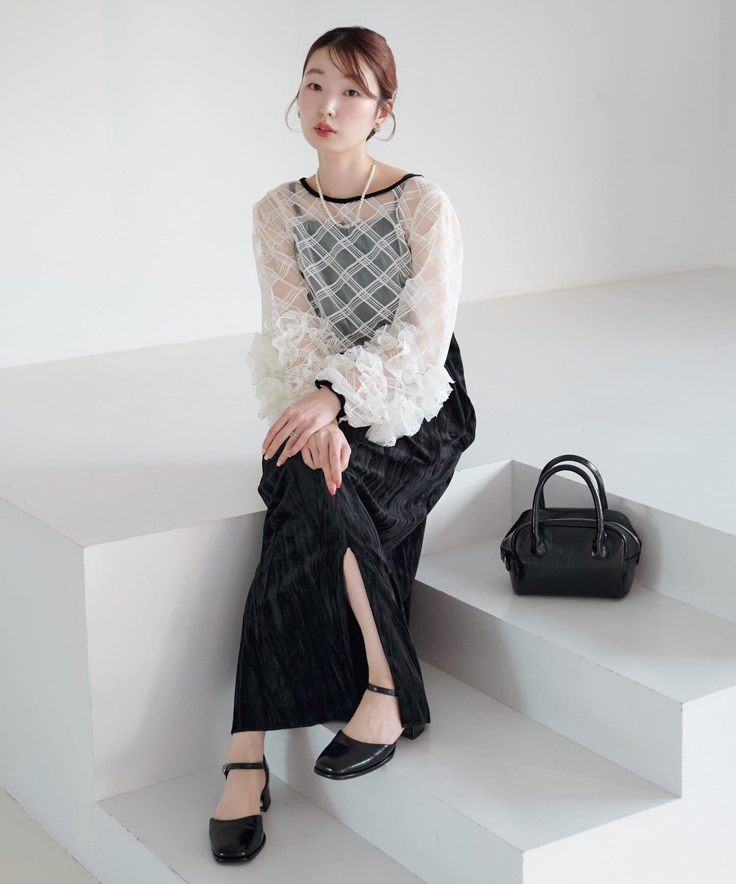 透視格紋×天鵝絨連衣裙套裝