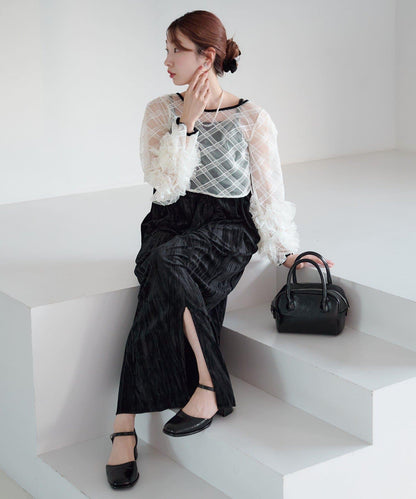 透視格紋×天鵝絨連衣裙套裝