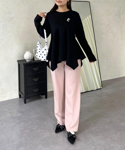 不規則下襬弧形荷葉邊長袖T恤