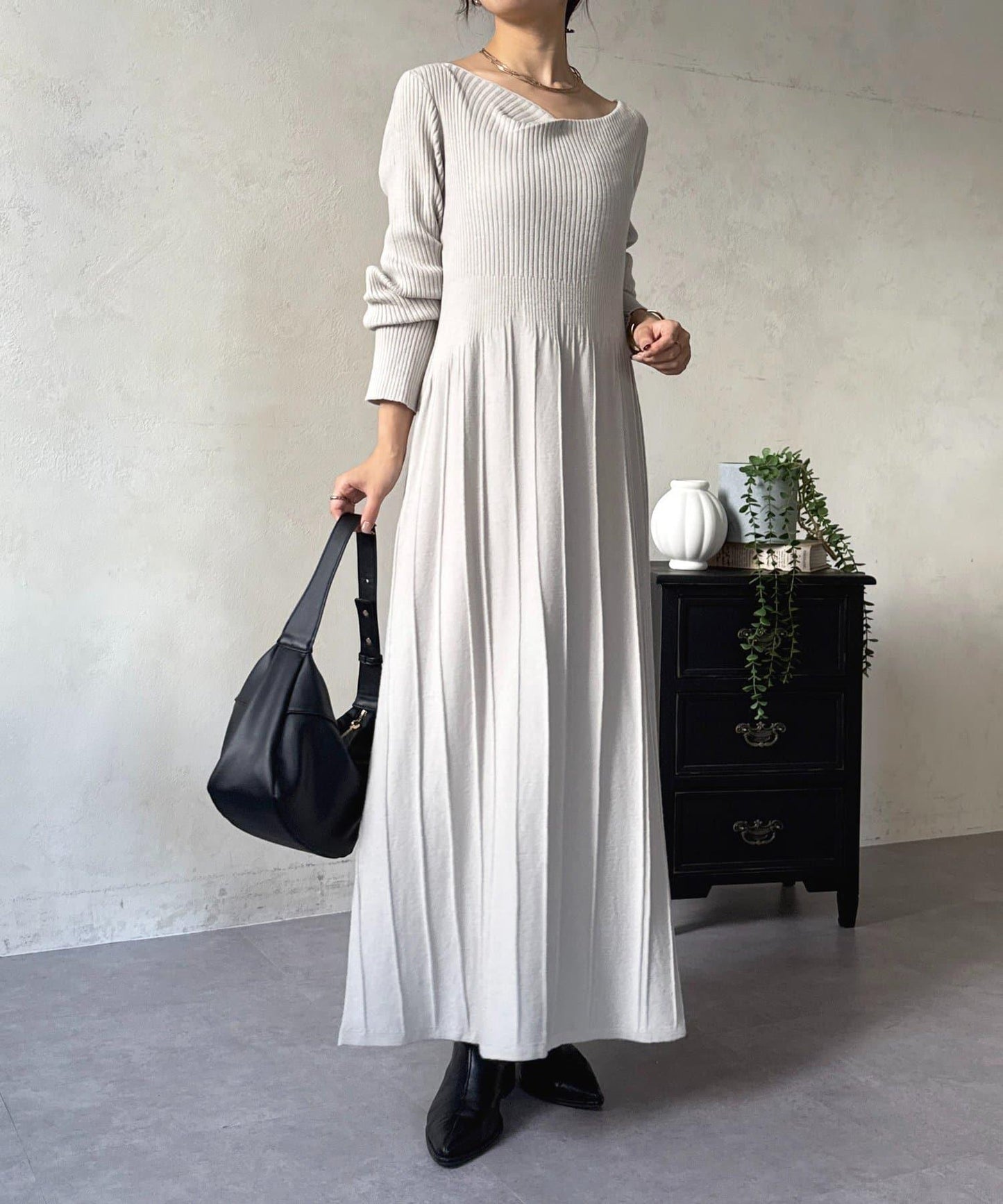 垂領拼接羅紋針織連衣裙