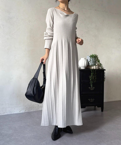 垂領拼接羅紋針織連衣裙