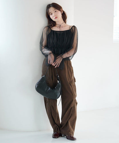 荷葉邊薄紗拼接繫帶連衣裙套裝