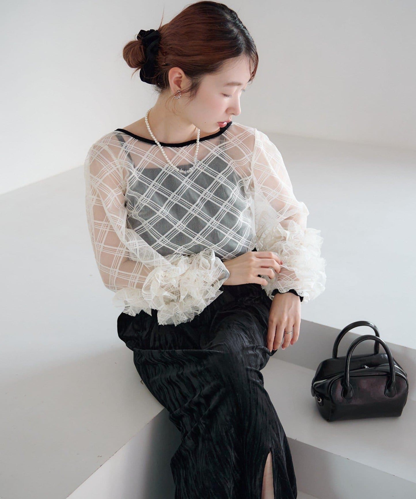 透視格紋×天鵝絨連衣裙套裝