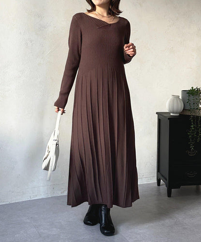 垂領拼接羅紋針織連衣裙