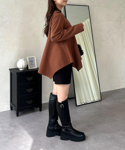 不規則下襬弧形荷葉邊長袖T恤