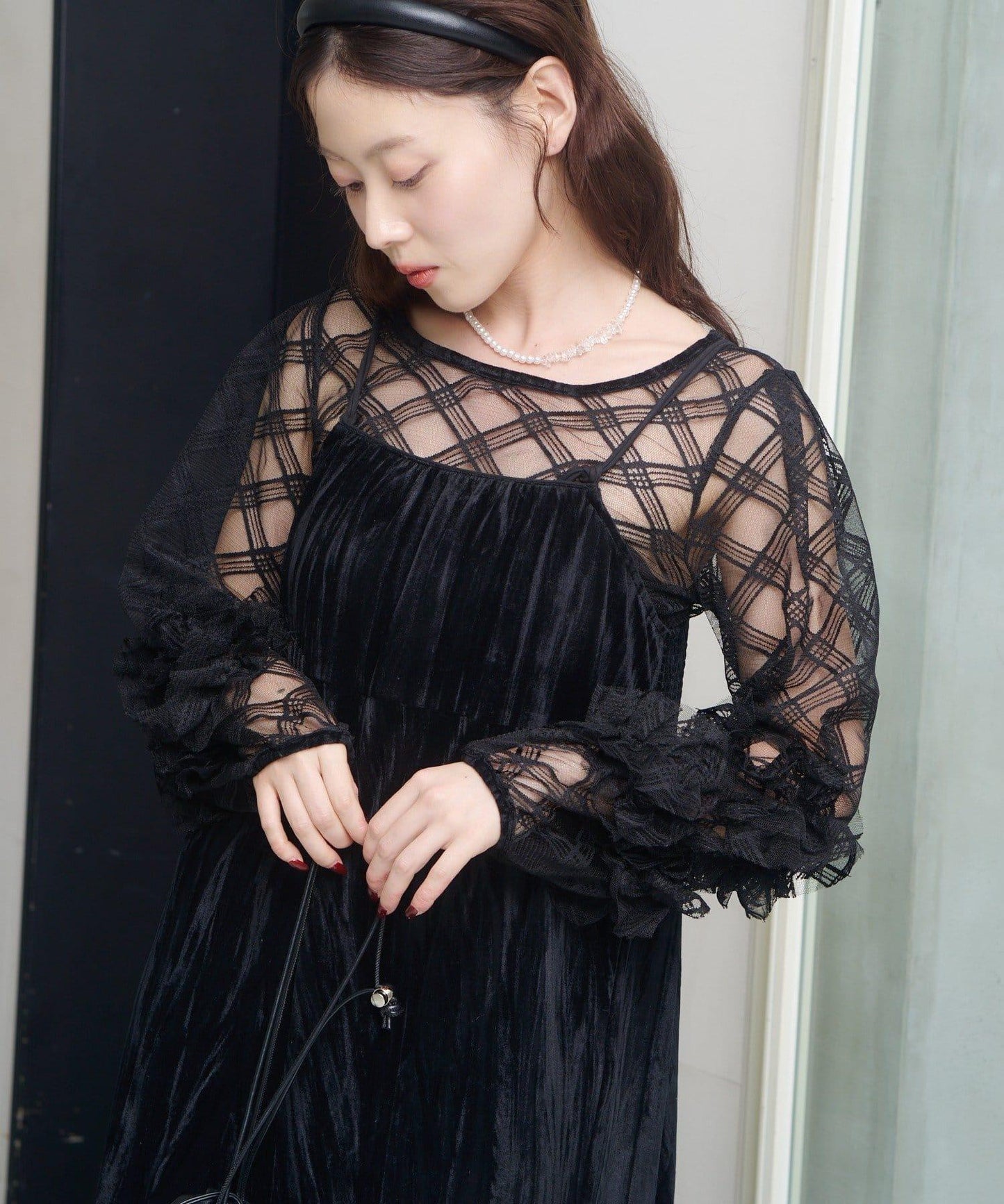 透視格紋×天鵝絨連衣裙套裝