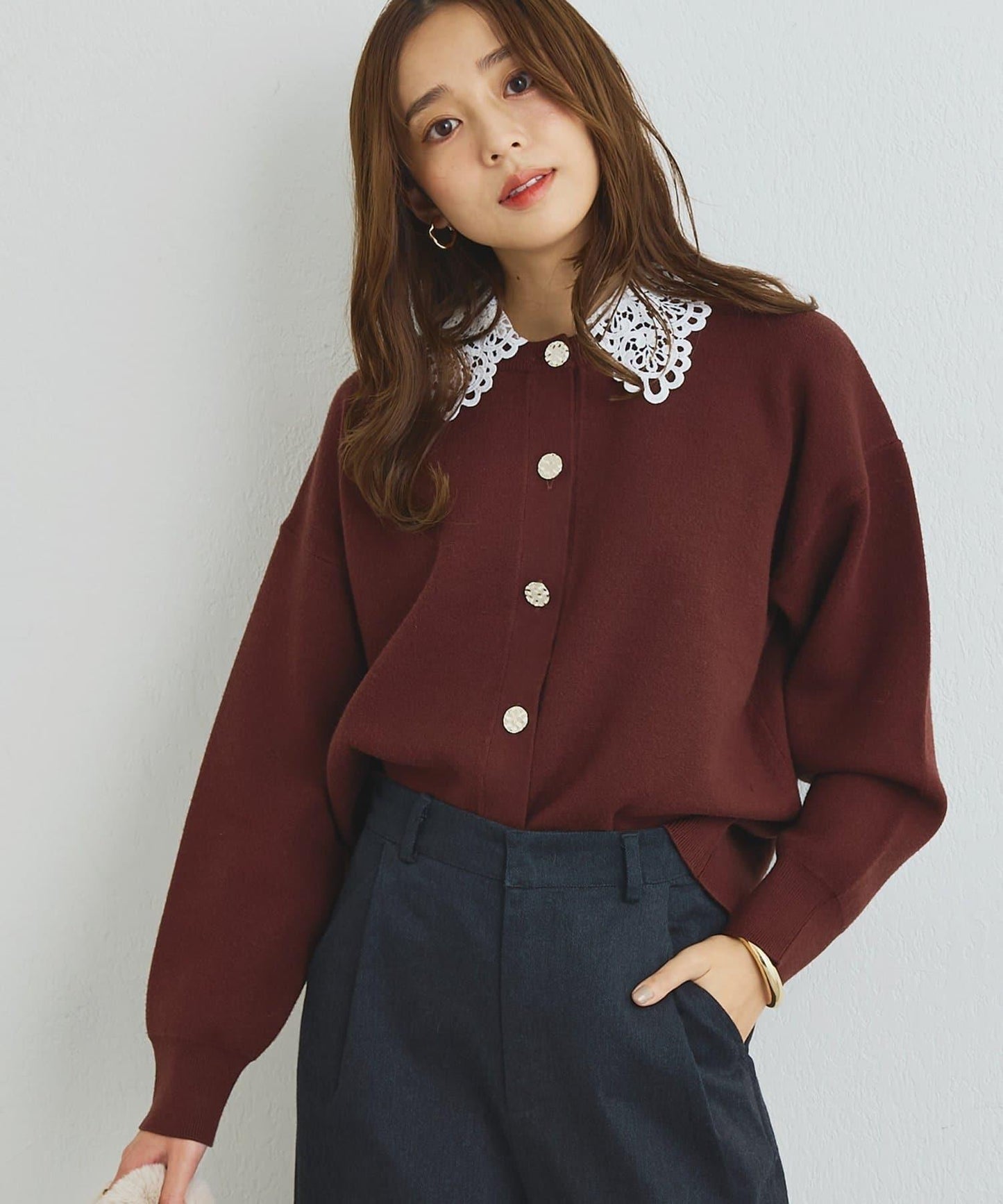 2WAY蕾絲領蝴蝶結針織開衫