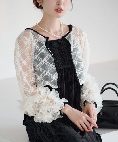 透視格紋×天鵝絨連衣裙套裝