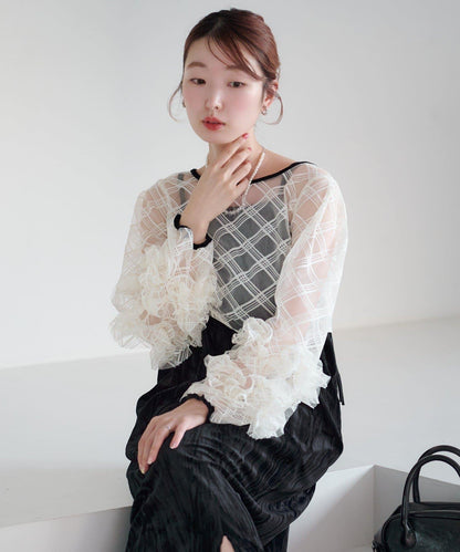 透視格紋×天鵝絨連衣裙套裝