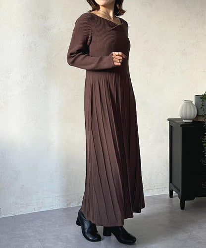 垂領拼接羅紋針織連衣裙