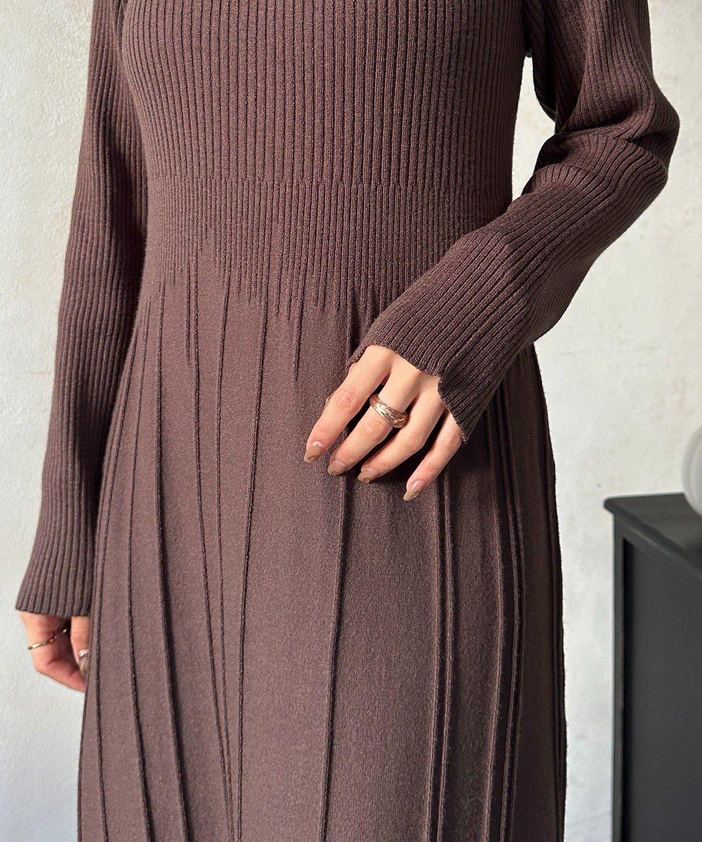 垂領拼接羅紋針織連衣裙