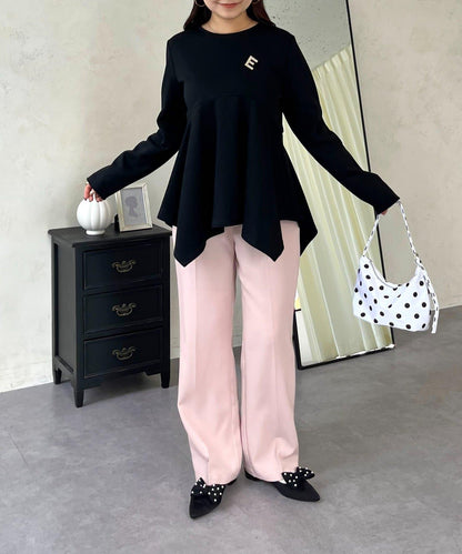 不規則下襬弧形荷葉邊長袖T恤