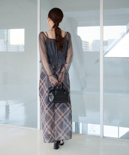 荷葉邊薄紗拼接繫帶連衣裙套裝