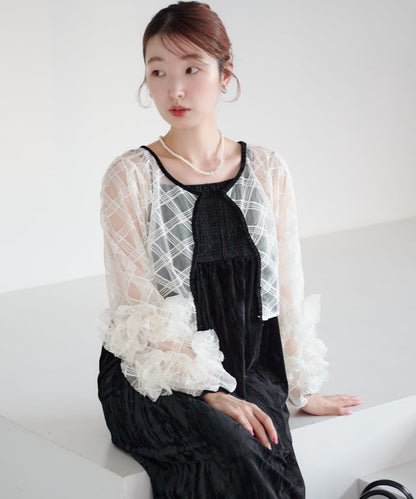 透視格紋×天鵝絨連衣裙套裝