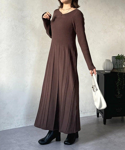 垂領拼接羅紋針織連衣裙