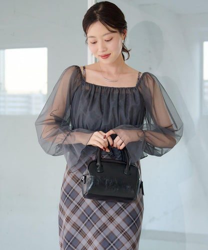 荷葉邊薄紗拼接繫帶連衣裙套裝