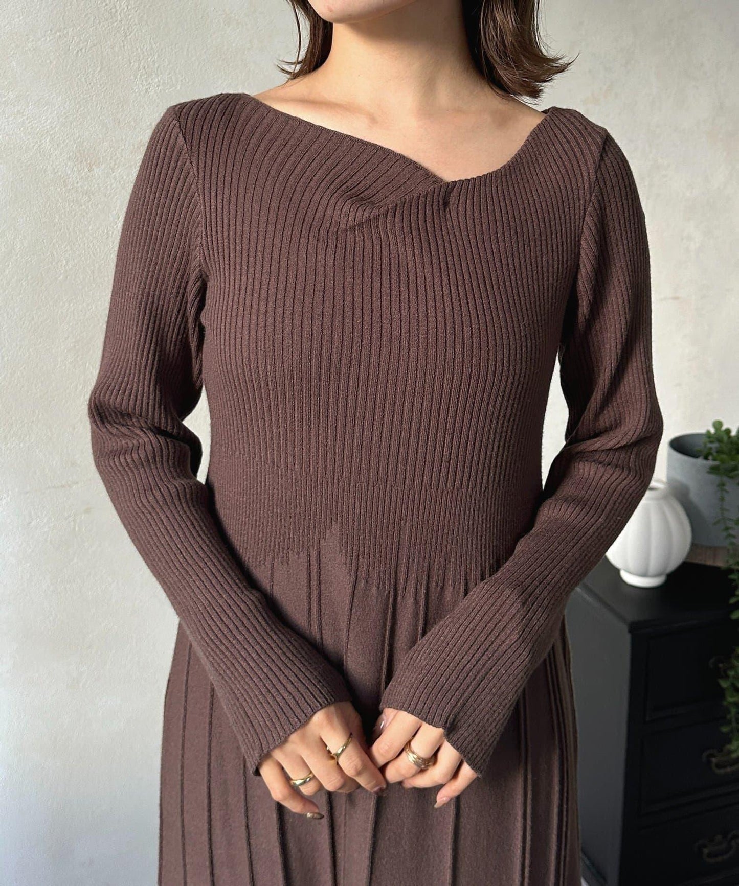 垂領拼接羅紋針織連衣裙