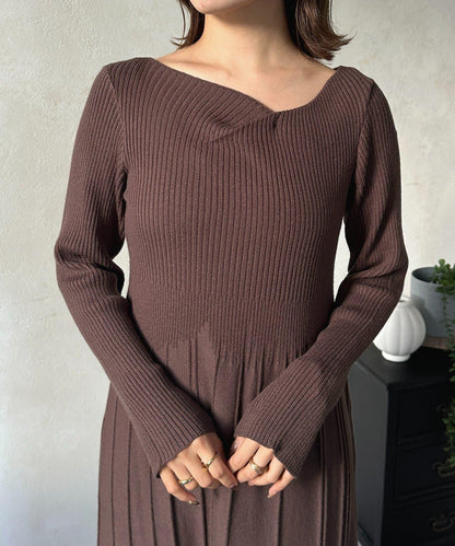 垂領拼接羅紋針織連衣裙