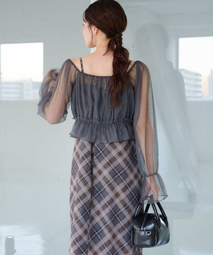 荷葉邊薄紗拼接繫帶連衣裙套裝