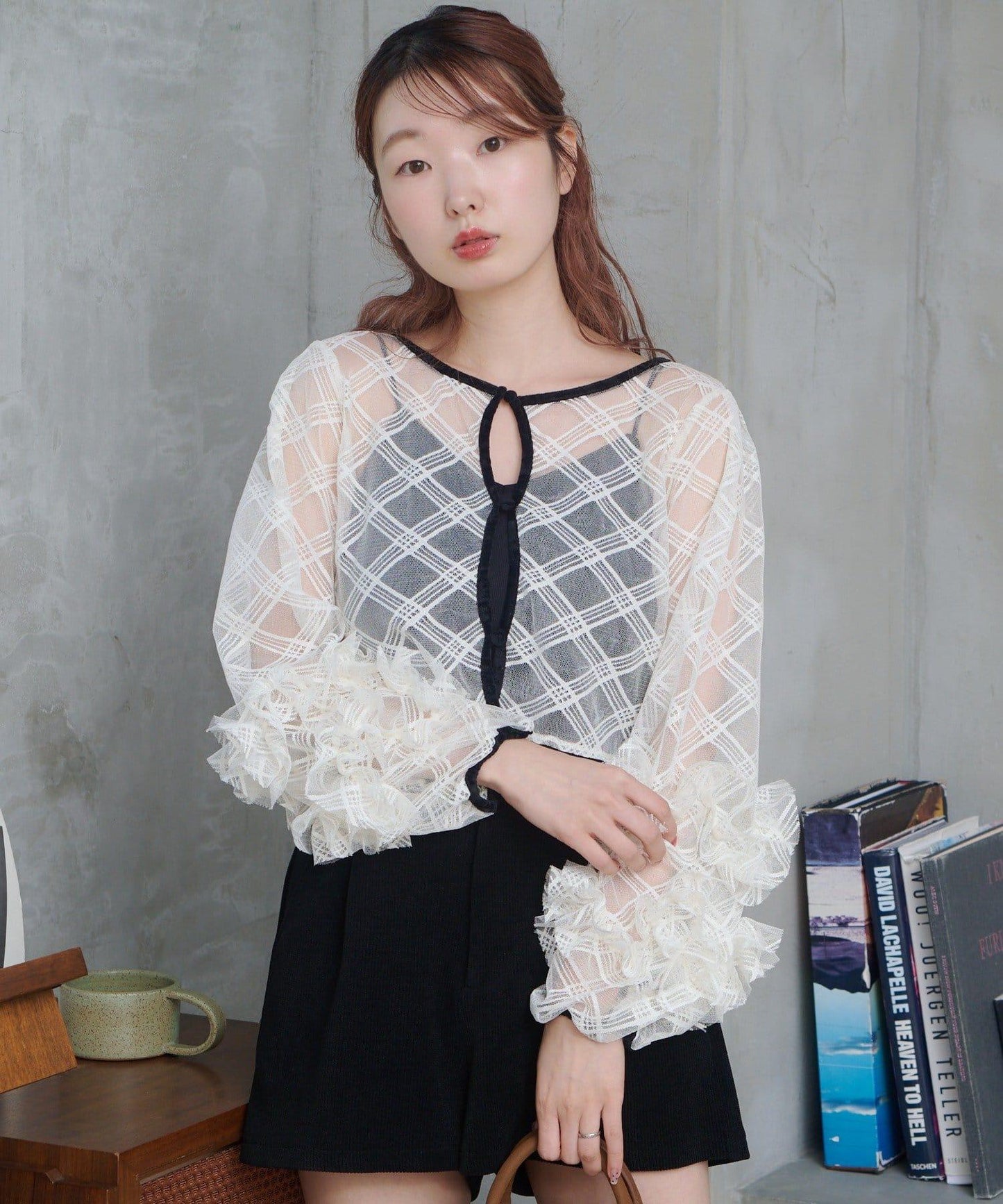 透視格紋×天鵝絨連衣裙套裝