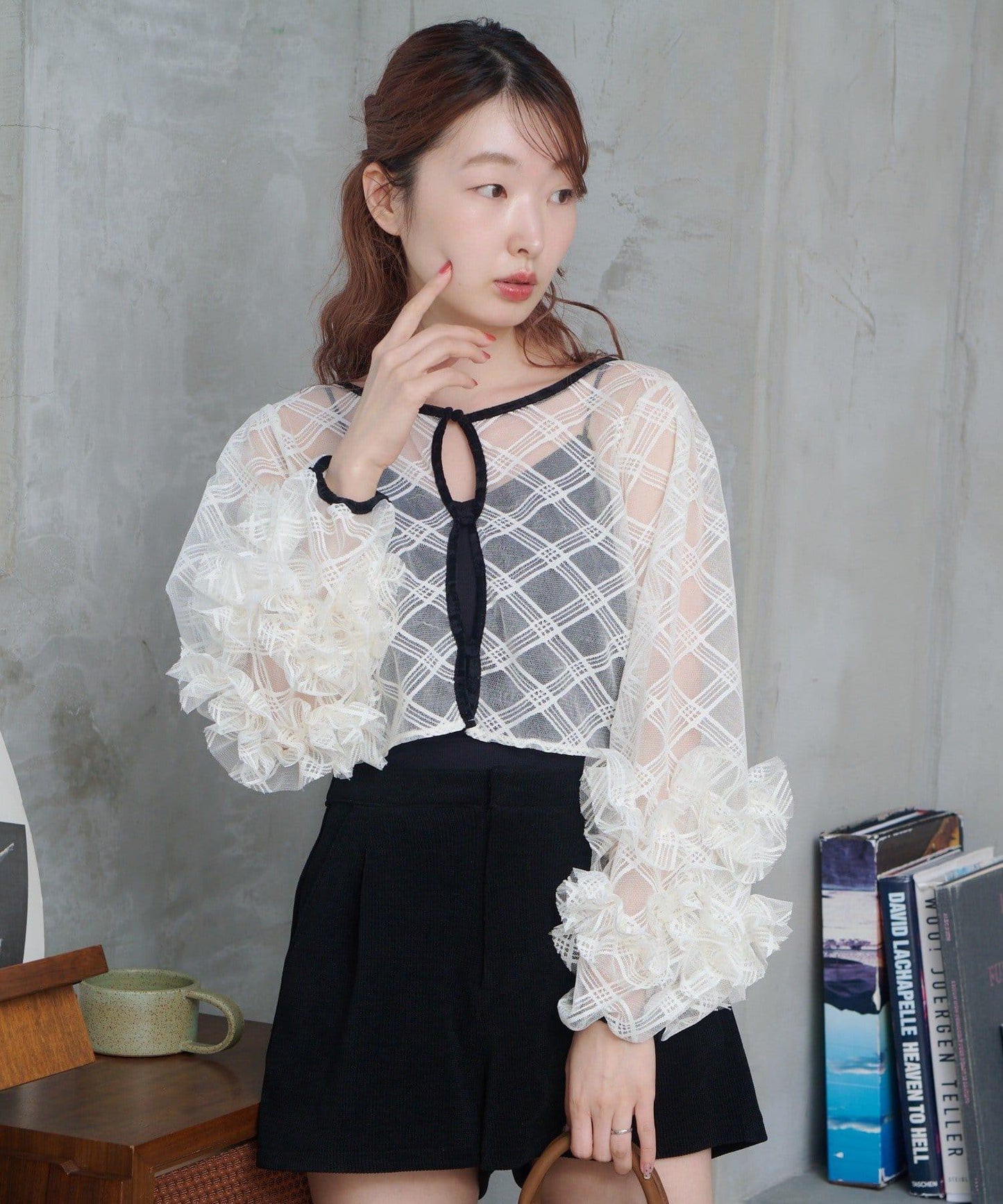 透視格紋×天鵝絨連衣裙套裝