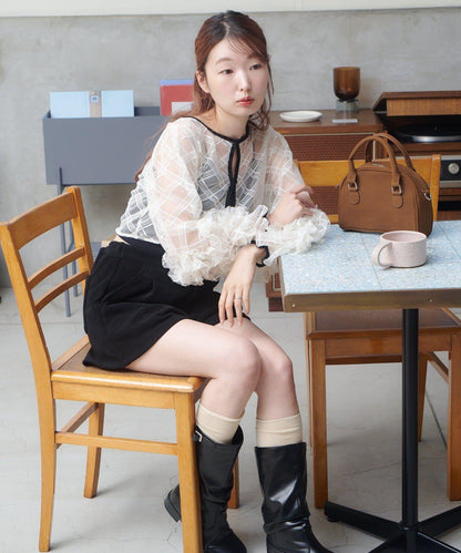 透視格紋×天鵝絨連衣裙套裝