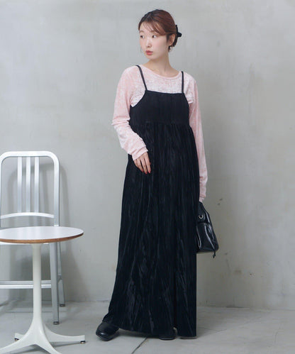 透視格紋×天鵝絨連衣裙套裝