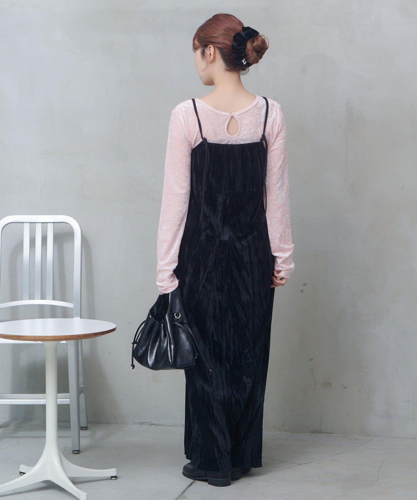 透視格紋×天鵝絨連衣裙套裝