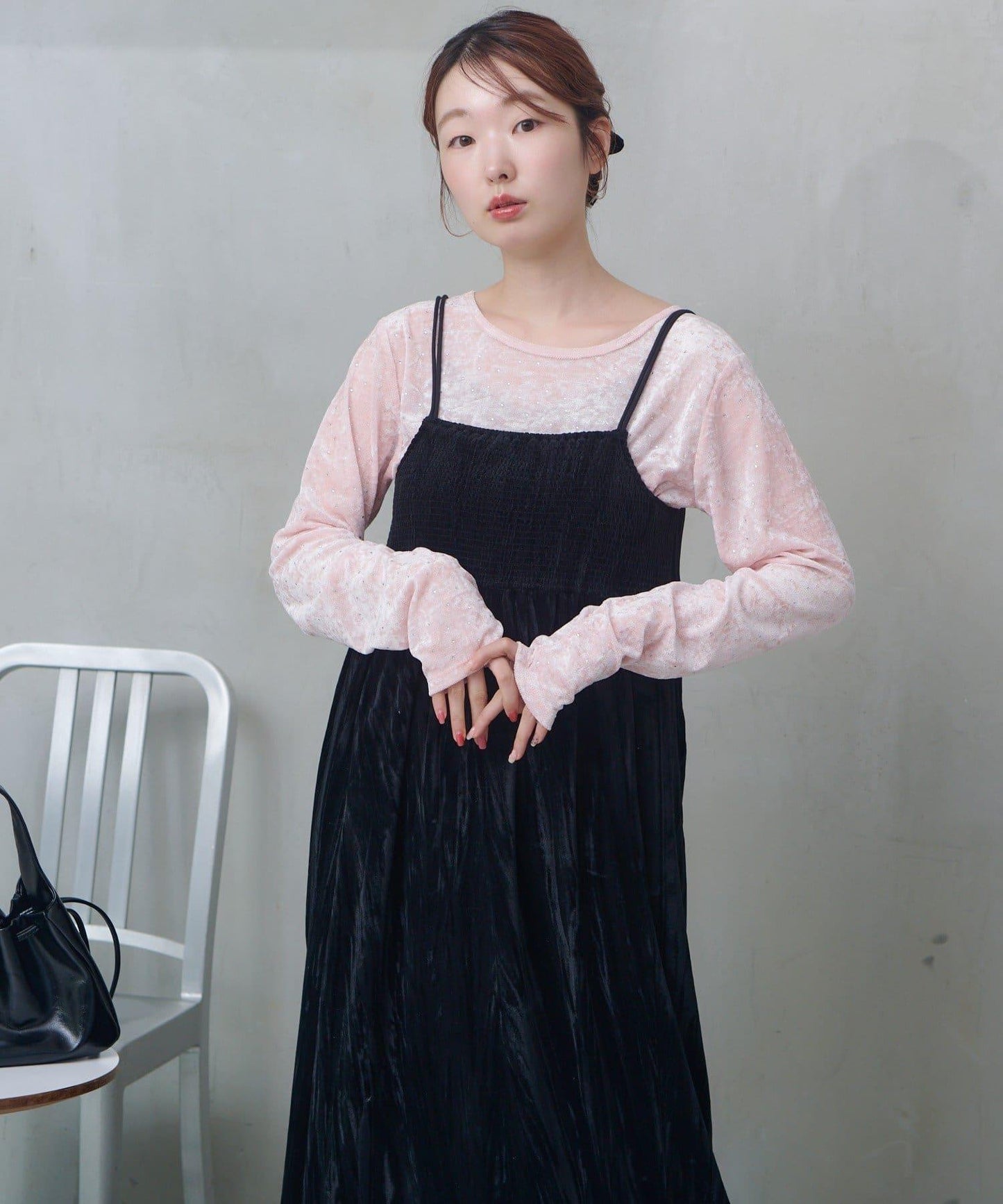 透視格紋×天鵝絨連衣裙套裝