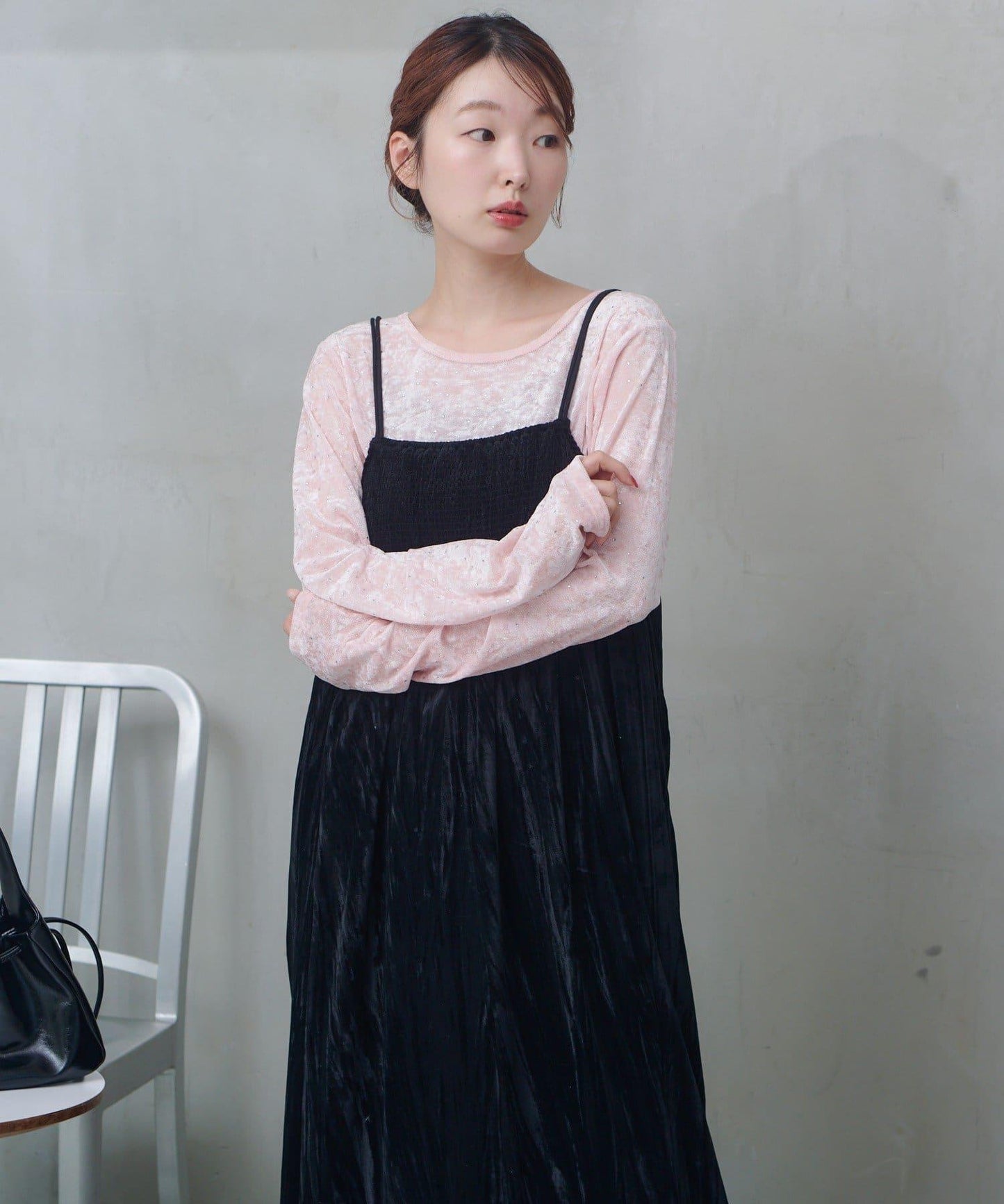 透視格紋×天鵝絨連衣裙套裝