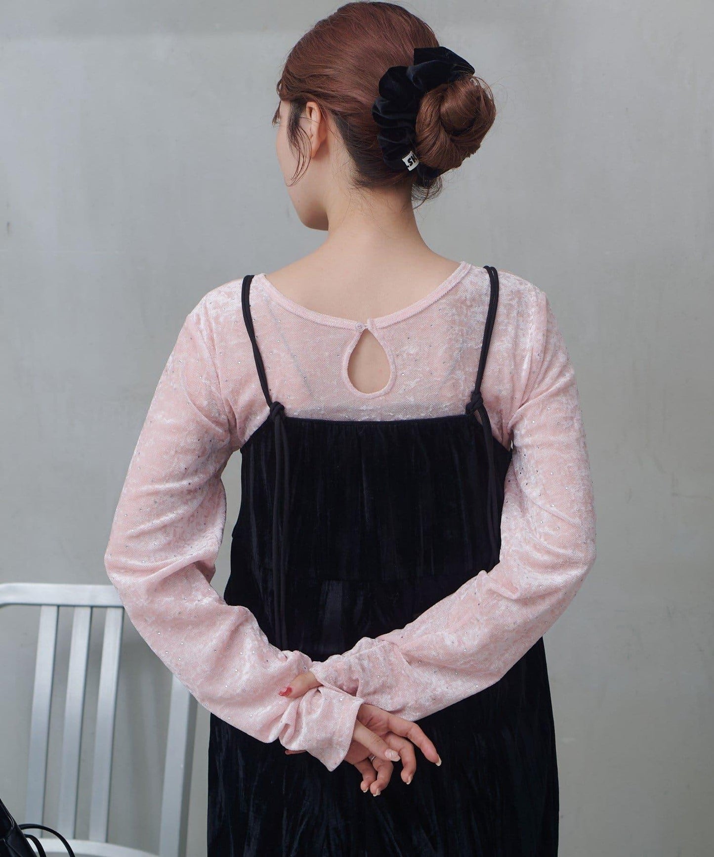 透視格紋×天鵝絨連衣裙套裝