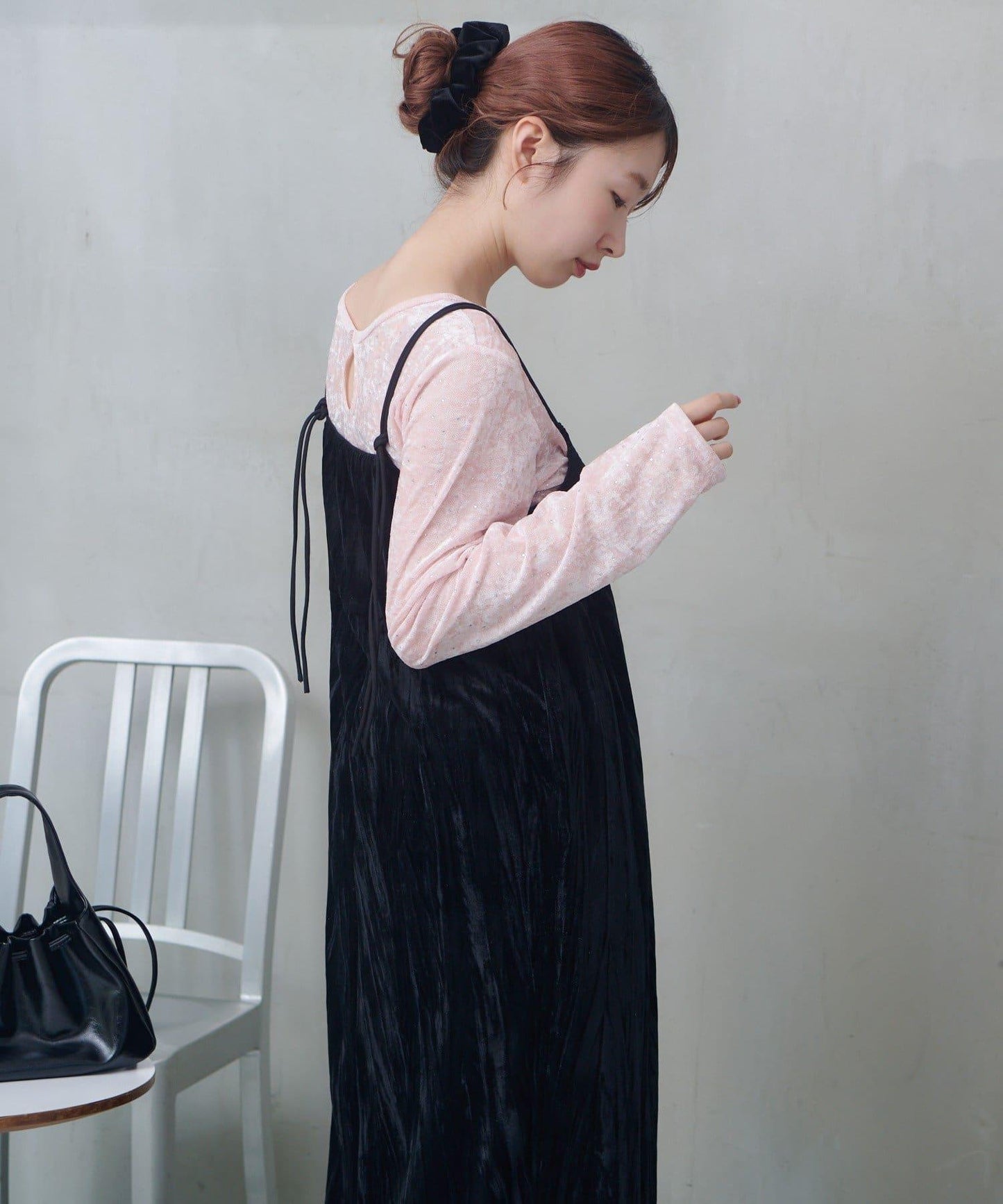 透視格紋×天鵝絨連衣裙套裝