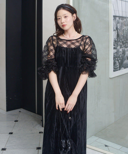 透視格紋×天鵝絨連衣裙套裝