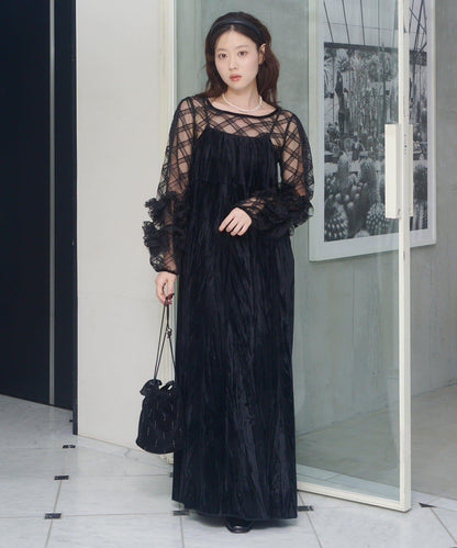 透視格紋×天鵝絨連衣裙套裝