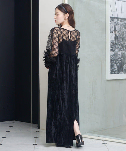透視格紋×天鵝絨連衣裙套裝