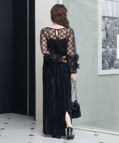 透視格紋×天鵝絨連衣裙套裝