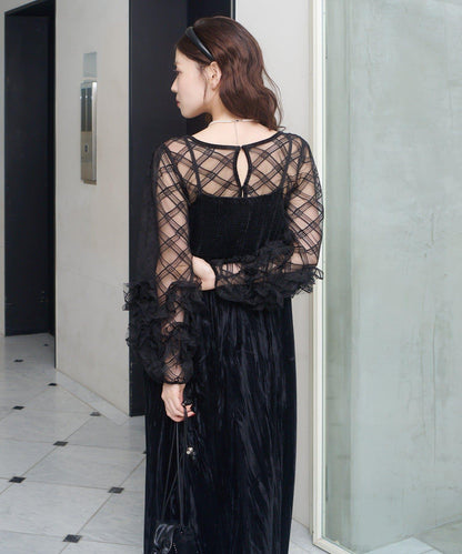透視格紋×天鵝絨連衣裙套裝