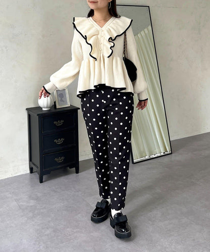 珍珠扣拼色荷葉邊短款針織衫