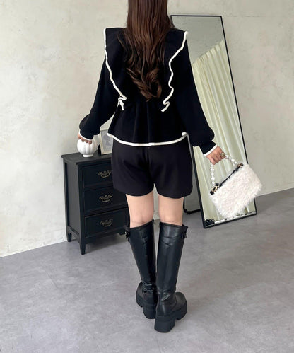 珍珠扣拼色荷葉邊短款針織衫