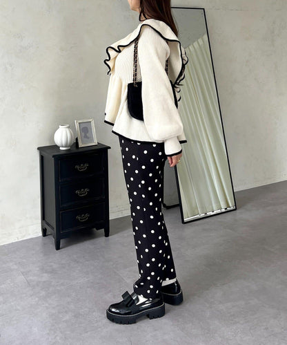 珍珠扣拼色荷葉邊短款針織衫