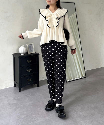 珍珠扣拼色荷葉邊短款針織衫