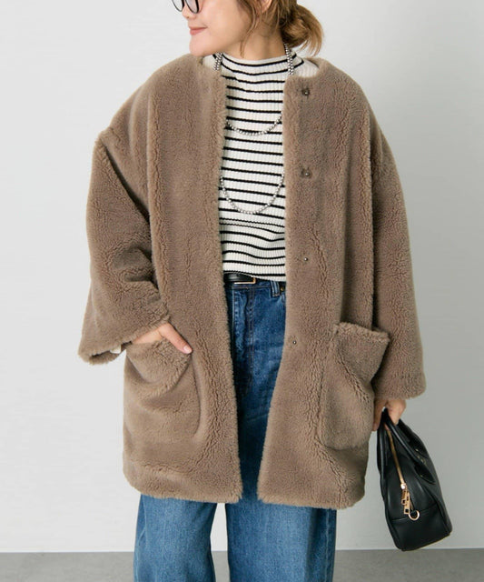 再生羊羔絨無領大衣