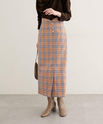 【natural couture】設計紐扣假兩件格紋半身裙