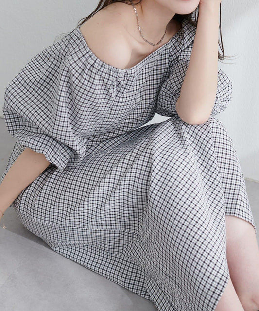 【natural couture】立體格紋泡泡袖連衣裙