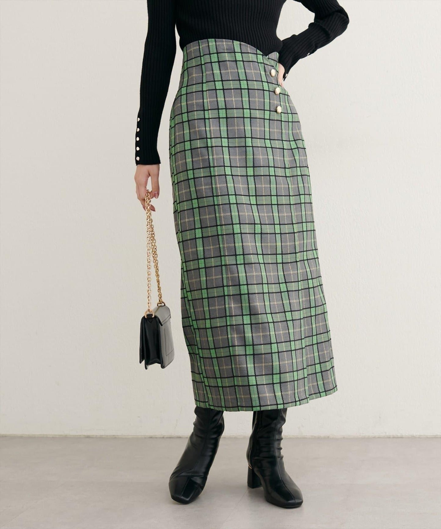 【natural couture】設計紐扣假兩件格紋半身裙