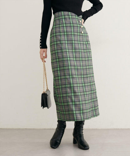 【natural couture】設計紐扣假兩件格紋半身裙