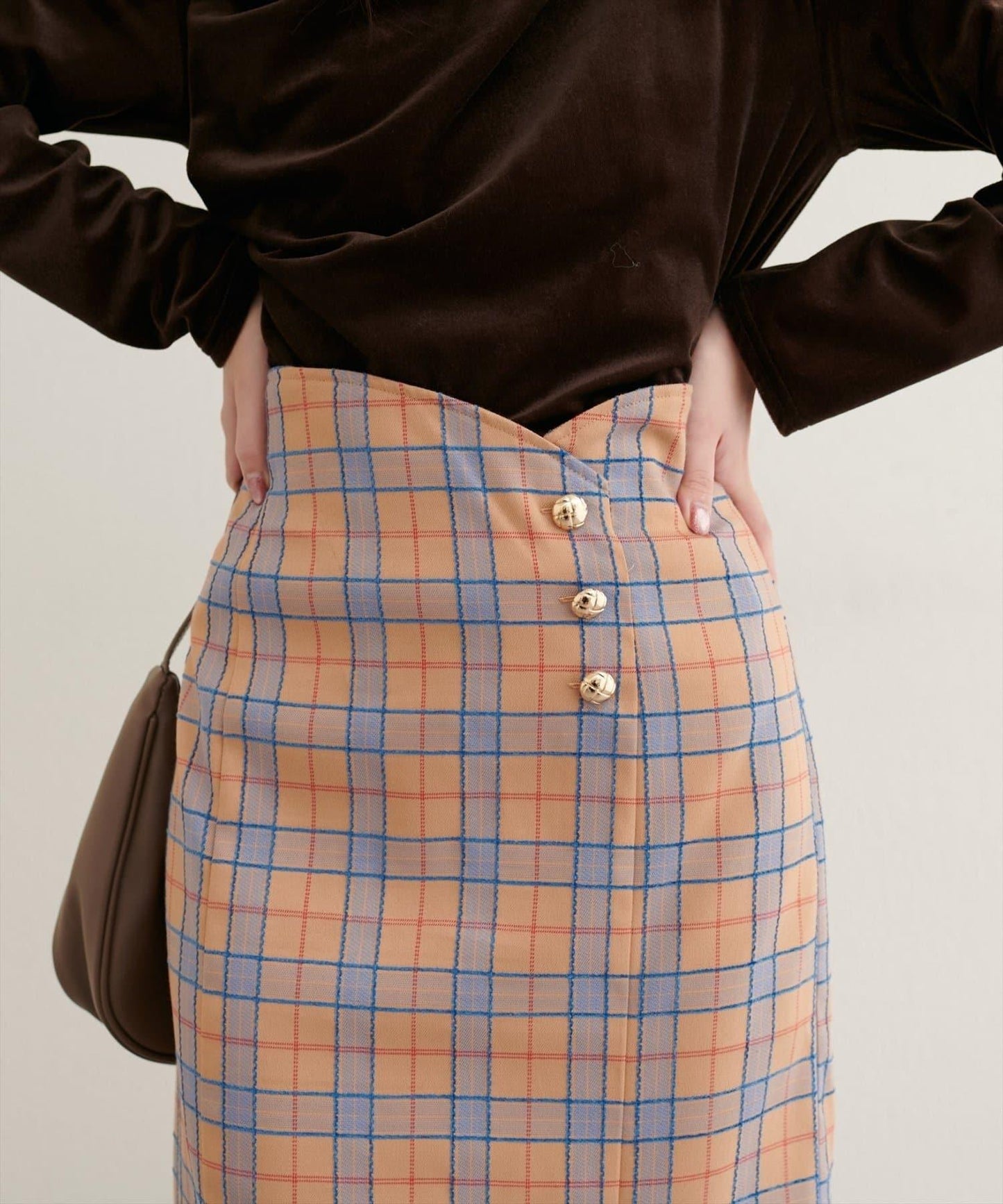 【natural couture】設計紐扣假兩件格紋半身裙