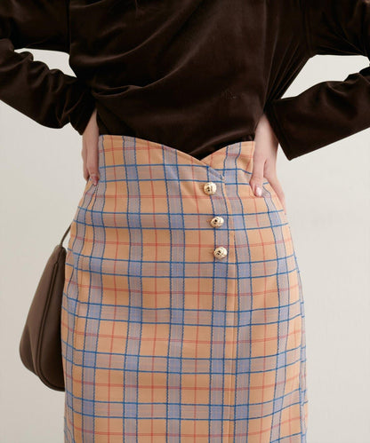 【natural couture】設計紐扣假兩件格紋半身裙